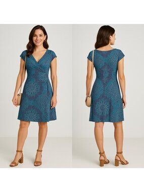 Jones New York Women’s Mandala Faux Wrap Dress 6 Teal Navy Career Wedding